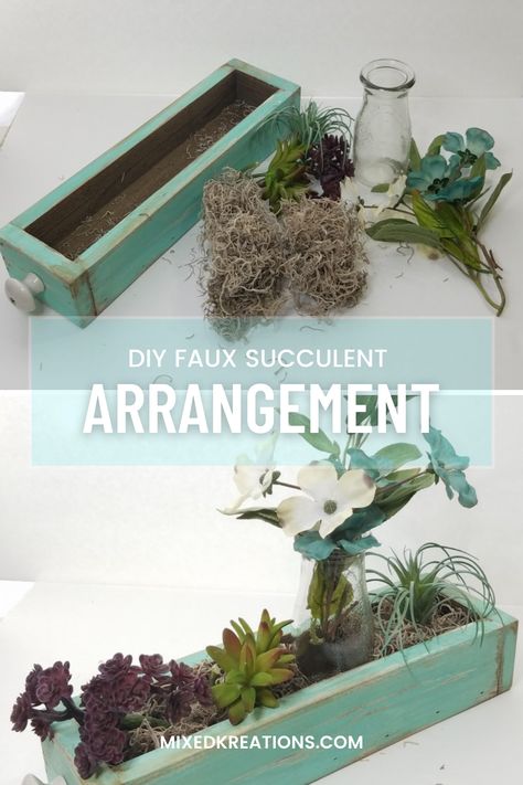 How to make a faux succulent arrangement. Diy faux succulent arrangement. Spindle Crafts, Plant Arrangement, Wooden Drawer, Diy Jar Crafts, Must Have Gadgets, Yard Project, Artificial Succulents, Faux Succulents, Succulent Arrangements