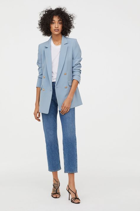 H&M Double-Breasted Blazer Jacket in Light Blue Light Blue Blazer Outfits For Women, Light Blue Blazer Outfit, Blue Blazer Outfits For Women, Blue Blazer Outfit, Blue Blazer Women, Light Blue Blazer, Light Blue Jacket, Blazer Outfits For Women, Blazer Outfit