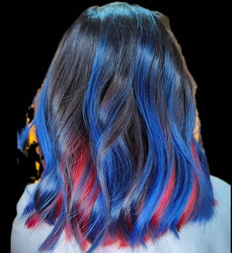 Enchanting Blue Highlights for Every Hair Type Blue And Red Highlights In Black Hair, Red And Blue Highlights In Brown Hair, Red And Blue Streaks In Hair, Blue Hair With Red Highlights, Red And Blue Hair Color, Blue And Red Hair Color, Red And Blue Hair Ideas, Red Hair With Blue Highlights, Red And Blue Highlights