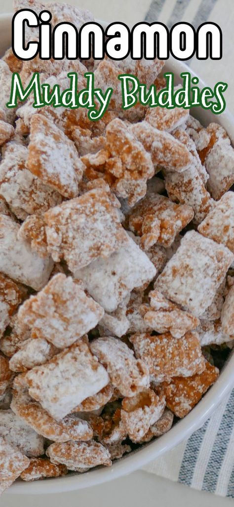 Looking for an amazing party snack? Give these Cinnamon Churro Chex Muddy Buddies a try! Easy to make, so addictive, enough for a crowd on game day or even great for a sweet treat in a lunchbox. Churro Muddy Buddies, Churro Puppy Chow, Chex Muddy Buddies, Puppy Chow Recipe, Muddy Buddies Recipe, Chow Recipe, Puppy Chow Recipes, 30 Minute Meals Easy, Cereal Snacks