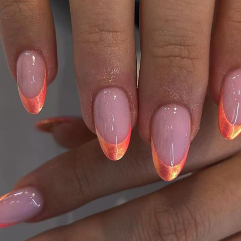 Orange Chrome Tip Nails, Orange Chrome Tips, Iridescent Orange Nails, Orange French Tip Chrome, Orange Chrome Nails Summer, Pink And Orange Chrome Nails, Orange Chrome French Tip Nails, Orange Star Nails, Orange Chrome Nails Designs