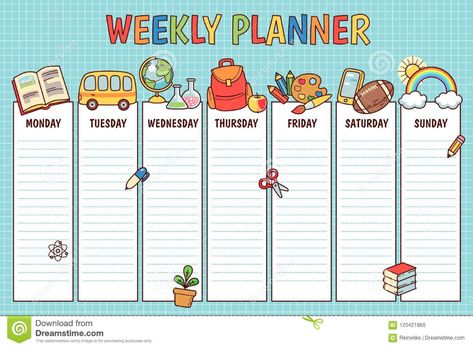 Illustration about Weekly planner for elementary school. Cute template with cartoon school objects and symbols on blue background. Illustration of children, ribbon, pupil - 120421865 Weekly School Planner, School Weekly Planner, School Planner Template, School Objects, Weekly Template, Cute Template, Weekly Planner Free Printable, School Timetable, Week Schedule