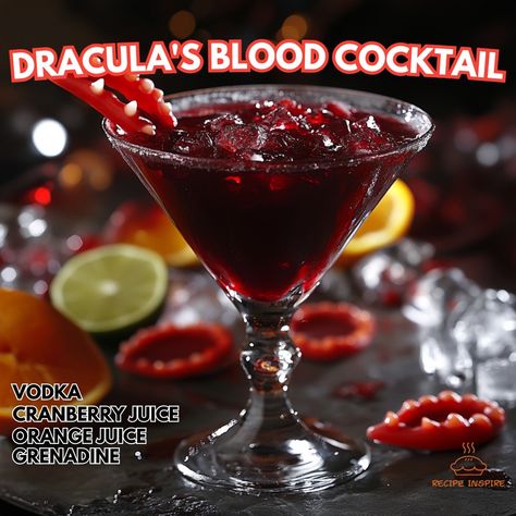 🧛‍♂️🩸 Sip on something wicked with Dracula's Blood Cocktail! A chillingly delicious drink perfect for Halloween festivities! #SpookyCocktails Dracula's Blood Cocktail Ingredients: Vodka (1 ½ oz) Cranberry juice (2 oz) Orange juice (1 oz) Grenadine (½ oz) Fresh lime juice (½ oz) Ice cubes (for serving) Red gummy fangs (for garnish, optional) Instructions: In a cocktail shaker, combine vodka, cranberry juice, orange juice, grenadine, and lime juice with ice. Shake well until chilled. Strain... Blood Cocktail, Grenadine Recipe, Cranberry Juice And Vodka, Vodka Cranberry, Orange Vodka, Halloween Festivities, Something Wicked, Cocktail Ingredients, Vodka Cocktails