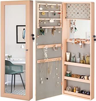 LUXFURNI Jewelry Armoire Organizer, Wall/ Door Mounted Cabinet with Full Length Mirror (Peach) Jewlerie Organization, Pink And Gold Bedroom Ideas, Pink And Gold Bedroom, Hidden Jewelry Storage, Full Length Mirror Cabinet, Gold Bedroom Ideas, Jewelry Storage Cabinet, Wall Mounted Jewelry Armoire, Armoire With Mirror