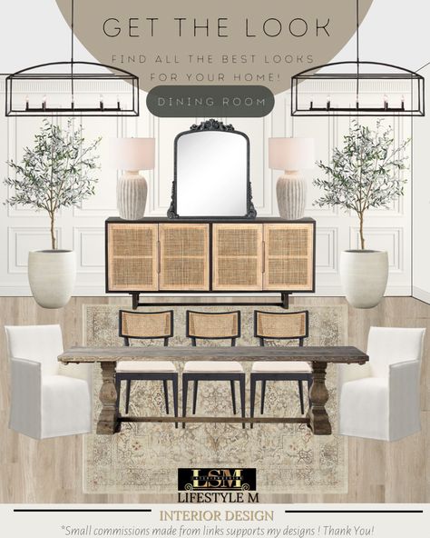 Mood board for a dining room design. Dining Lamp Ideas, Styling A Dining Room Buffet, Black And Beige Dining Room, Arhaus Dining Room Inspiration, Wood Dining Table Black Chairs, Mcgee And Co Dining Room, Spanish Style Dining Room, Transitional Style Dining Room, Modern Farmhouse Transitional