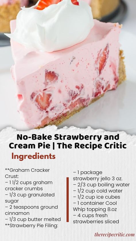 No-Bake Strawberry and Cream Pie is an easy to make pie with smooth and luxurious strawberry filling packed into a sweet homemade crust.  It is a delicious no-bake pie recipe that's perfect for summer! Strawberry Pie Recipe Easy No Jello, Jello Pies With Cool Whip, Strawberry Pie Filling Recipe, Strawberry And Cream Pie, Stawberry Pie, Strawberry Shortcake Pie, Strawberry Pie With Jello, Jello Pudding Pie, Strawberry Icebox Pie