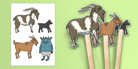 The Three Billy Goats Gruff Stick Puppets - Three Billy Goats Gruff, stick puppet, traditional tales, tale, fairy tale, goat, billy goat, troll, sweet grass, bridge Goat Template, 3 Billy Goats Gruff, The Three Billy Goats Gruff, Stick Puppet, Fairy Tales Preschool, Fairy Tale Crafts, Three Billy Goats Gruff, Billy Goats Gruff, Small Images