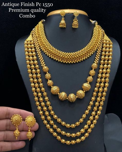 Antique  long layered mala gold finish with earrings  with combo of short mala ,close necklace and earrings . WhatsApp messages to 9176125330 for more info.  No calls Wedding Necklace Designs, Gold Chain Necklace Womens, Bridal Necklace Designs, Fancy Jewelry Necklace, Bridal Jewelry Vintage, Modern Gold Jewelry, Pretty Jewelry Necklaces, Gold Jewelry Simple Necklace, Gold Mangalsutra Designs