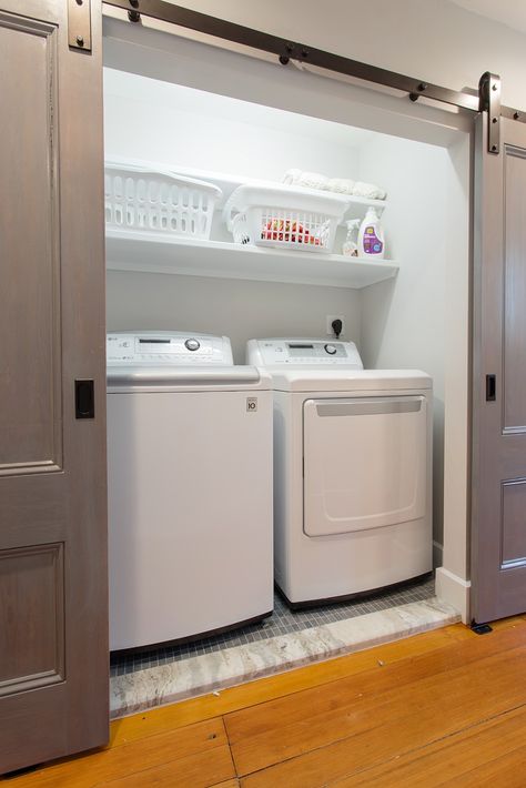 Southborough Contemporary Kitchen, Bath & Laundry 2015 - Contemporary - Laundry Room - Boston - by Dawn Willis, Great Spaces Inc. | Houzz Laundry Full Bathroom Combo, Small Hallway Laundry Closet, Laundry Room With Sliding Door, Add On Laundry Room To House, Shower And Laundry Room Combo, Closet And Laundry Room Combo, Bathroom With Laundry Room Combo, Hall Laundry Closet, Closets Without Doors Ideas