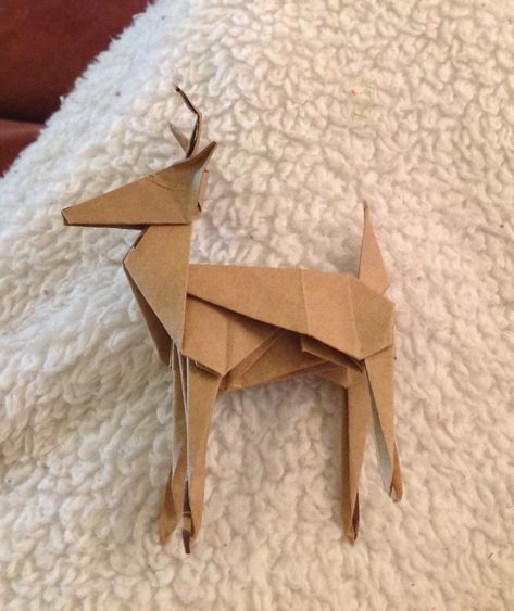 Origami Reindeer Tutorial, Paper Reindeer Craft For Kids, Reindeer Paper Craft, Paper Grocery Bag Crafts, Christmas Origami For Kids, Brown Paper Bag Crafts, Winter Origami, Origami Structure, Handmade Baby Cards