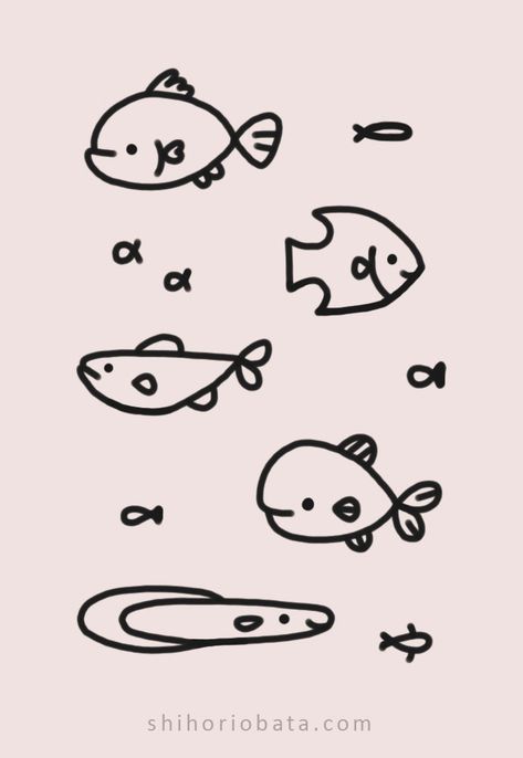 Fish Drawings Cartoon, Simple Fish Doodle, Doodle Fish Easy, Drawing Ideas Easy Fish, Fishes Drawing Easy, Fish Sketch Drawing Simple, Fish Drawings Cute, Kawaii Fish Drawing, Simple Fish Drawings