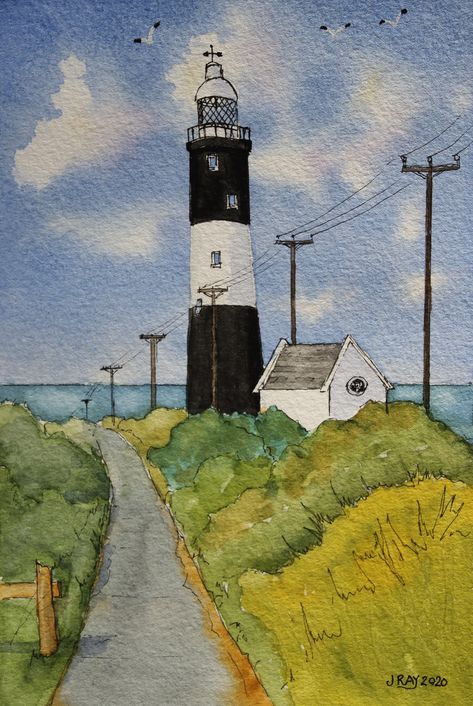 A watercolour painting of Spern Point Lighthouse on the Yorkshire coast. Watercolor Seascapes, Watercolor Lighthouse, Watercolor Painting Easy, Lighthouse Drawing, Gallery Illustration, Easy Sketches, Yorkshire Coast, Watercolor City, Lighthouse Painting