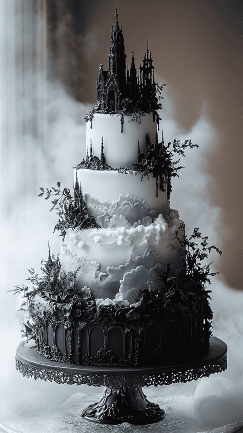 Gothic Cakes, Gothic Wedding Cake, Gothic Cake, Ivory Wedding Cake, Black Fondant, Big Wedding Cakes, Cake Piping, Edible Lace, Wedding Binder