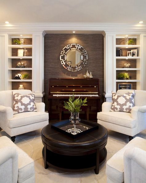 For the sitting area (formal dining) but with black piano and dif color scheme Robeson Design, Traditional Design Living Room, Piano Room, Upright Piano, Traditional Living, Traditional Living Room, Room Remodeling, A Living Room, Formal Living Rooms