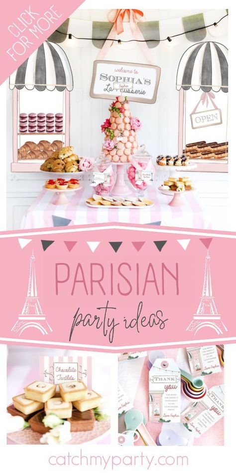 Take a look at this gorgeous Parisian-themed birthday party! The macaron tower is so impressive! See more party ideas and share yours at CatchMyParty.com Girls Paris Birthday Party, Oui Oui Three Birthday, Emily In Paris Birthday Theme, Patisserie Birthday Party, Ratatouille Birthday Party, Ratatouille Birthday, Marti 8, French Themed Birthday Party, French Themed Birthday