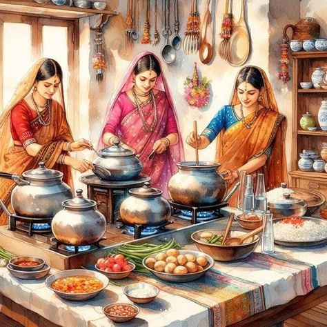 Village Scene Drawing, Women Cooking, Funny Airport Signs, Childhood Memories Art, Airport Signs, Traditional Cooking, Composition Painting, Indian Illustration, Indian Women Painting