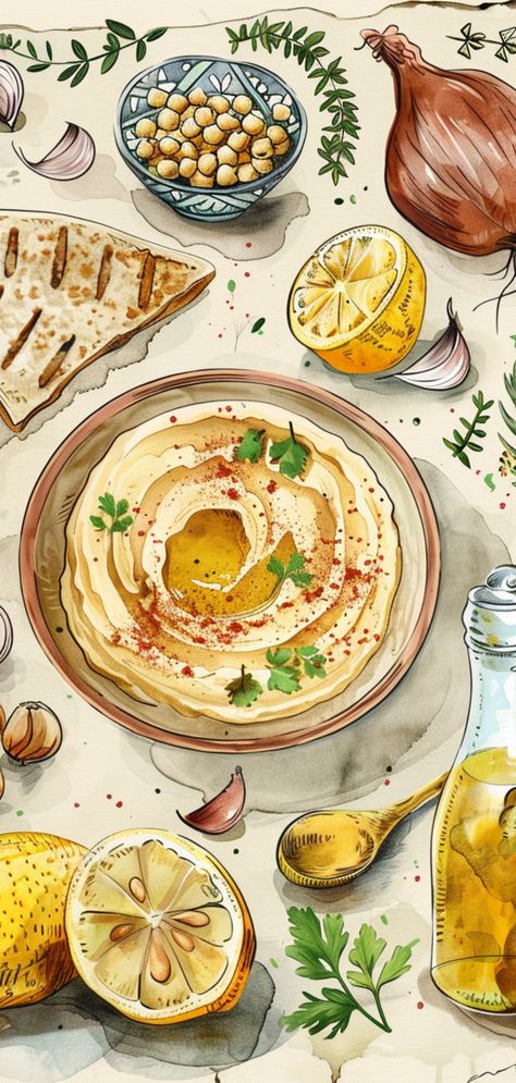 Farm to Table Hummus Recipe: The Wholesome Essence of Organic Food- Fresh, Delicious, and Perfect for Any Kitchen Poster Hummus Drawing, Lebanese Food Illustration, Middle Eastern Food Aethstetic, Hummus Illustration, International Food Day, Moroccan Foods, Recipe Hummus, Hummus Falafel, Dip Healthy