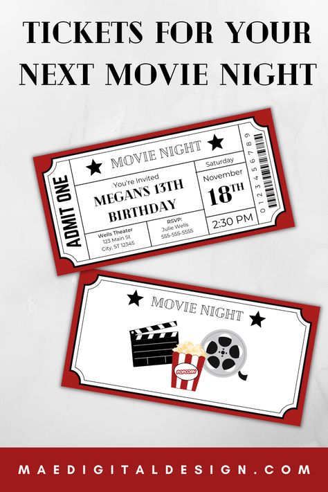 Pop the popcorn and bring out the snacks. It's time for a Movie Night Birthday Party! Invite your guests with these double-sided movie theater tickets. #movienight #moviebirthdayparty #movietheatertickets #movienighttickets #outdoormovienight #maedigitaldesign #shopify Diy Movie Tickets Template, Movie Theater Tickets, Movie Theatre Birthday Party, Movie Ticket Birthday Invitations, Movie Night Tickets, Theater Ticket, Movie Night Birthday, Night Birthday Party, Movie Night Birthday Party