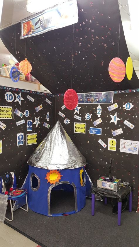 Space Set Up Preschool, Space Themed Role Play Area, Space Station Role Play, Eyfs Space Role Play, Space Station Eyfs Role Play, Rocket Role Play Eyfs, Space Station Kindergarten, Space Area Preschool, Space Station Dramatic Play Preschool