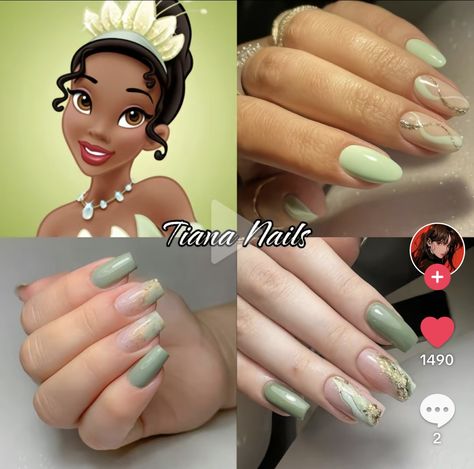 Disney Nails Tiana, Princess Tiana Nail Ideas, Disney Nails Princess And The Frog, Princess In The Frog Nails, Princess Tiana Nails Short, Princess Tiana Inspired Nails, Princess And The Frog Nails Short, Disney Princess Themed Nails, Princess Disney Nails