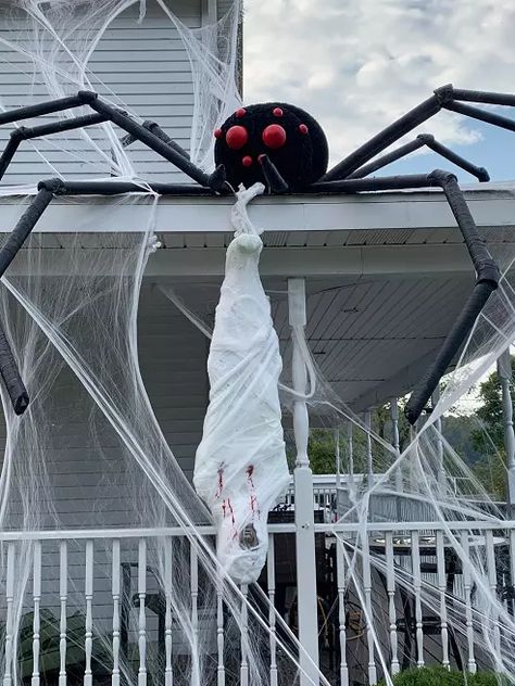 Body Halloween Decor, Spider Victim Halloween, Diy Body Wrapped In Spider Web, Halloween Decorations Outdoor 2023, Diy Halloween Hanging Corpse, Halloween Special Effects Decorations, Outside House Halloween Decor, Scary Spider Halloween Decorations, Outside Halloween Spider Decorations