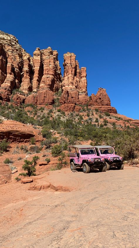 Sedona. Arizona. Pink jeep tours. Safari. Canyons. Landscape. Arizona aesthetic. Sedona tours. Summer Aesthetic Arizona, Sedona Instagram Pictures, Scottsdale Arizona Aesthetic, Sedona Arizona Aesthetic, Sedona Aesthetic, Arizona Spring Break, Argyle Aesthetic, Arizona Cowgirl, Safari Aesthetic