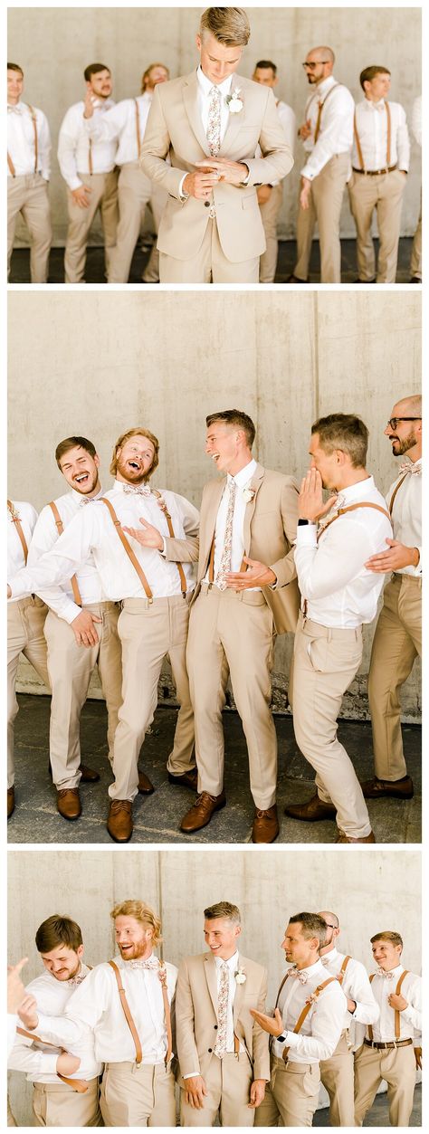 Collage of three images of the groom and his groomsmen. The top image features the groom looking down at his wedding band, as his groomsmen hand out in the background. The middle image showcases the groom laughing with his friends. The bottom image features the groom among his groomsmen, him in his suit jacket and them with suspenders and bowties. Tan Suit With Dusty Rose, Tan Brown Groomsmen Attire, Sand Color Tuxedo Wedding, Olive Green And Tan Groomsmen, Tan Suit Champagne Dress, Groomsmen Beige Pants White Shirt, Tan Suits Beach Wedding, Tan Groomsmen Suits With Terracotta, May Groomsmen Attire