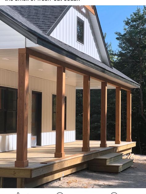 Wooden Front Porch Columns, Boxing In Porch Posts, Wooden Deck Front Porch, Porch Beams Makeover, House Pillars Columns Exterior, Stained Wood Columns Front Porch, Front Entrance Porch Ideas, Exposed Beam Porch, Cedar Pillars Front Porch