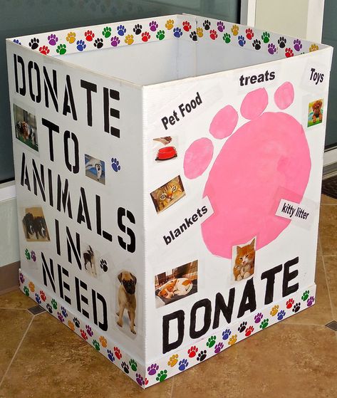 CREATIVE VOLUNTEER, MADDY, DID A FANTASTIC JOB DECORATING A PET SUPPLY DONATION BOX... | Cinnaminson, NJ Patch Donation Box Ideas Diy, Donation Box Ideas, Animal Shelter Donations, Animal Shelter Fundraiser, Dog Fundraiser, Toy Donation, Donation Box, Food Donation, Dog Business