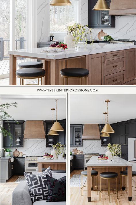 Discover modern kitchen layout inspiration with islands and sleek black or dark cabinets for a stylish upgrade. Black Cabinets With Wood Island, Kitchen Layout Inspiration, Long Kitchen Layout, Modern Kitchen With Island, Modern Kitchen Layout, Romantic Kitchen, Modern Kitchen Backsplash, Black Island, Kitchen With Island