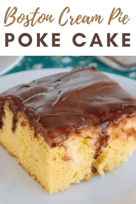 Boston Cream Pie Poke Cake is a simple twist on a classic dessert! Yellow cake is filled with pockets of vanilla pudding, then topped with a smooth chocolate frosting for an easy, addicting dessert! Boston Cream Pie Poke Cake, Cream Poke Cake, Boston Cream Poke Cake, Boston Cream Cake, Pudding Poke Cake, Cake Mix Ingredients, Cake Form, Cake Video, Six Sisters Stuff