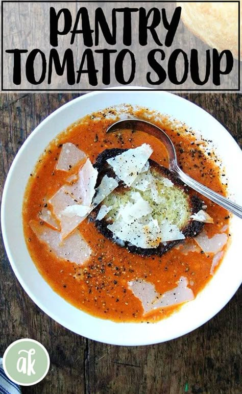 This recipe for tomato soup is incredibly simple, calling for nearly all pantry items: onions, garlic, tomato paste, and canned peeled tomatoes. I like to serve the soup with lots of freshly cracked pepper and shaved parmesan and bread, of course. #pantry #tomato #soup #simple #easy #fast #fall #winter Creamy Tomato Soup Recipe, Shaved Parmesan, Creamy Tomato Soup, Pureed Soup, Tomato Soup Recipes, Cracked Pepper, Pantry Items, Tomato Recipes, Tomato Soup