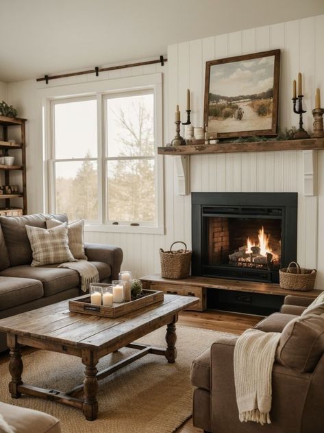 Cozy farmhouse living room ideas with a rustic fireplace, vintage furniture, and natural wood accents for a warm and inviting atmosphere. #LivingRoomIdeas #LivingRoomDesign Sala Vintage, Cozy Farmhouse Living Room, Modern Rustic Living Room, Cottage Living Rooms, Style Cottage, Country Living Room, Rustic Living, Cottage Living, Rustic Living Room