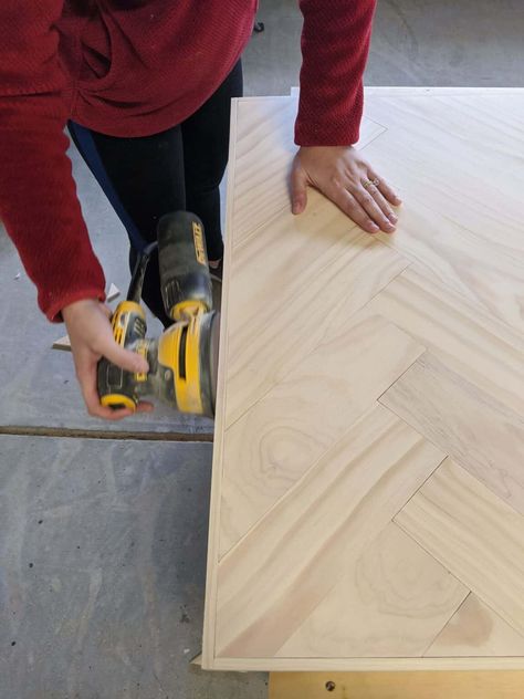 DIY Wood Countertops With Herringbone Pattern - Crafted by the Hunts Herringbone Countertop, Wood Island Countertop, Diy Wood Countertops, Diy Butcher Block, Wood Countertops Kitchen, Diy Kitchen Countertops, Herringbone Wood, Wood Countertop, Wood Island