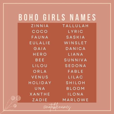 Okay please give it up for these fabulous and stylish Boho Girls names. The vibe is free spirited babes, bare footed and wind in their hair! It's giving carefree, but stunning! I love these names, and there's such variety too, whether you prefer something short and sweet, more nicknamey or want to embrace a longer flowing name, there's a little boho for every name taste. What's your fave Boho girls name? #bohobabynames #girlsnames #babynames #names #babygirlnames #nameslist #babynameinspo ... Dr Names, Boho Names, Nature Inspired Names, Sims Names, Hey Cutie, Sims Inspiration, Girls Names, Name Boards, Boho Baby Girl