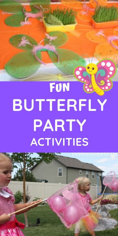 Fun and simple butterfly party theme activities for kids! Cute games for little ones that love butterflies! #kidsparties #butterflyparty Butterfly Birthday Party Games For Kids, Butterfly Sleepover Ideas, Butterfly Themed Birthday Party Activities, Butterfly Birthday Party Crafts, Butterfly Fifth Birthday, Outdoor Butterfly Party, Butterfly Party Crafts, Butterfly Party Games For Kids, Three Year Old Butterfly Party