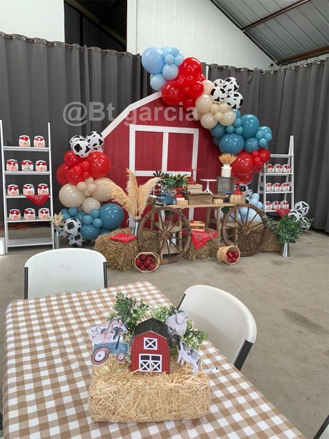 Barnyard First Birthday Boys, Farm Theme Backdrop, Blue Barnyard Birthday, Farm Theme First Birthday, Barnyard Party Backdrop, Barn Backdrop Birthday, Barnyard Bash 1st Birthday, Party Event Decorations, Barn Birthday Party