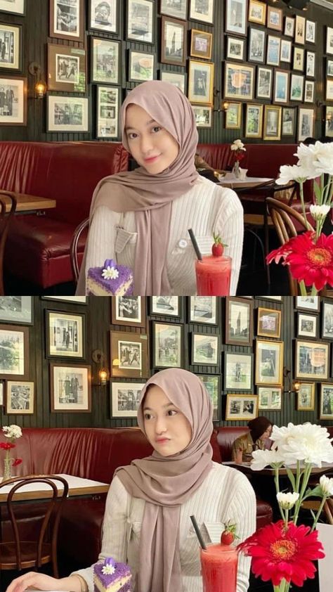 Judul:  Tampil Chic dengan Hijab Pashmina Polos, Stylish Banget! 😉 Ide Pose Duduk, Pose Ideas Instagram Hijab, Ide Pose Foto Hijab, Pose Ideas Hijab, Selfie Ideas Hijab, Cafe Pose Ideas, Ootd Cafe, Cafe Pose, Cafe Outfit