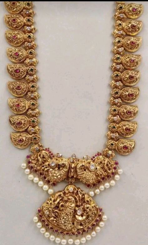 Mamidi Pindela Haram Gold, Kasula Haram Designs Gold Latest, Gold Mango Haram, Gold Long Haram Designs In 40 Grams, Mango Haram Designs, 40grams Gold Haram, Gold Set Design, Set Design Ideas, Short Mangalsutra