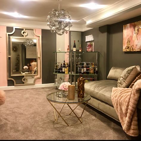 Still blushing over yesterday’s install in our quaint diva den colors of blush, bronze, silver, gold! SWIPE LEFT FOR MORE! In case you… Woman Cave Diva Den, Diva Den Ideas, Den Colors, Cottage House Interior, Miami Interior Design, Diva Den, Hangout Room, Woman Cave, Girl’s Room