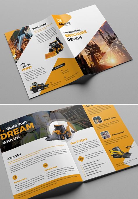 Construction Bifold Brochure 1 Page Brochure Design, Construction Company Brochure Design, Construction Brochure Design, Construction Magazine, Construction Brochure, Bifold Brochure Design, Brochure Design Ideas, Presentation Folder Design, Company Brochure Design