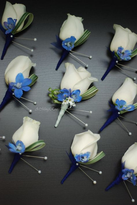 Bridal Bouquet Ideas Diy, White Boutonniere, Blue Delphinium, Rose Boutonniere, Corsage And Boutonniere, Royal Blue Wedding, Blue Wedding Flowers, Prom Flowers, Boutonniere Wedding