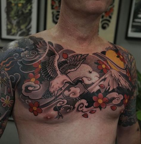 Crane Chest Tattoo, End Tattoo, Vibrant Tattoos, Traditional Japanese Tattoo, Animal Sleeve Tattoo, Black Tattoo Cover Up, Japanese Dragon Tattoo, Traditional Japanese Tattoos, Tattoo Equipment