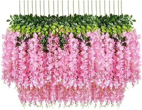 AmazonSmile: Pauwer 24 Pack Artificial Wisteria Vine Ratta Fake Wisteria Hanging Garland Silk Long Hanging Bush Flowers String Home Party Wedding Decor (Pink) : Home & Kitchen Begonia Boliviensis, Fake Wisteria, Bush Flowers, Indoor Garden Party, Wisteria Vine, Party Wall Decorations, Hanging Vines, Garden Wedding Decorations, Leaf Texture