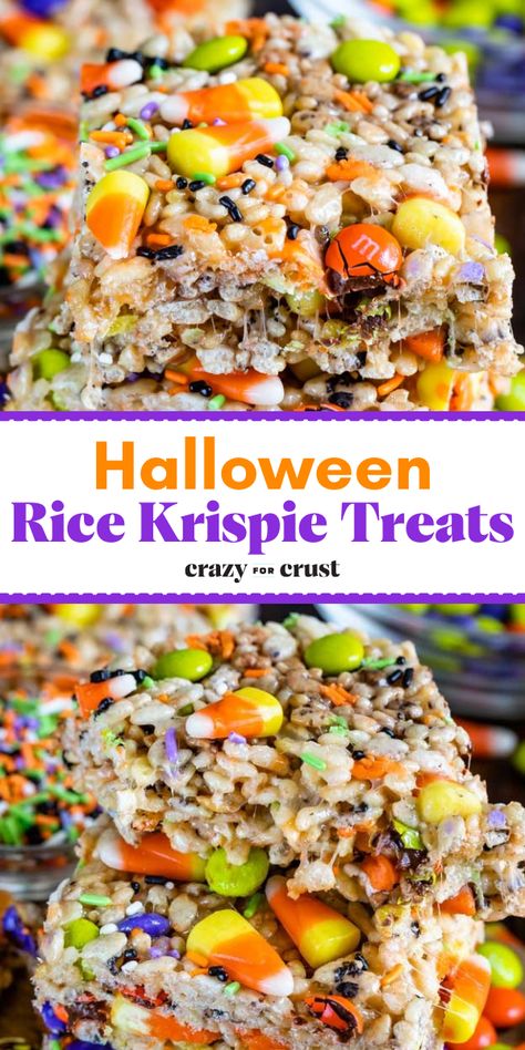 Need a simple Halloween dessert? Here's a Halloween treat to make with Rice Krispies cereal! Loaded with candy and sprinkles, these cereal treats are a cute Halloween party food idea. Save this Halloween rice krispie treat recipe! Rice Krispie Treats Ghosts, Halloween Rice Crispy Treats, Cereal Desserts, Halloween Smores, Halloween Rice Krispies, Halloween Rice Krispie Treats, Rice Crispy Treats Recipe, Recipes Rice, Crazy For Crust