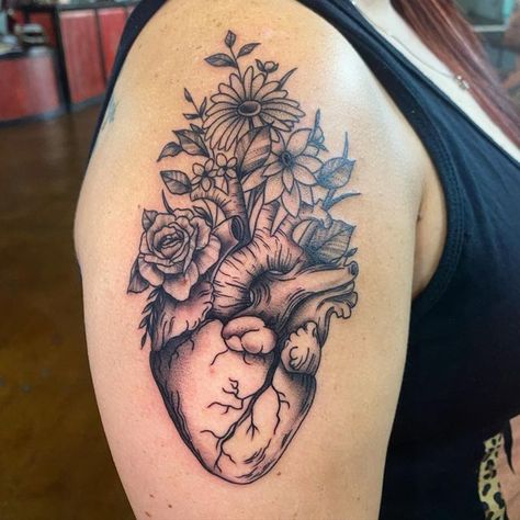 Cardiac Tattoo, Cardiac Nurse Tattoo, Cardiology Tattoo Ideas, Nurse Flower Tattoo, Tetralogy Of Fallot Tattoos, Nursing Tattoos For Women Sleeve, Nurse Tattoos For Women, Er Nurse Tattoo Ideas, Floral Nurse Tattoo