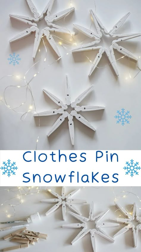 Wooden Clothespin Snowflakes, How To Make Clothespin Snowflakes, Wooden Clothes Peg Craft Ideas, Wooden Peg Snowflakes, Peg Christmas Decorations, Cloth Peg Craft, Wooden Pegs Craft Ideas, Clothes Pegs Crafts, Peg Snowflakes