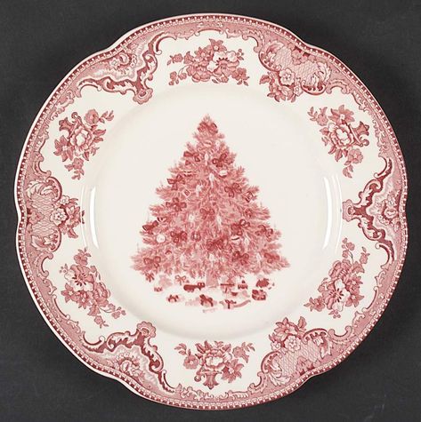 Old Britain Castles Pink Christmas(Made in England Dinner Plate by Johnson Brothers | Replacements, Ltd. Christmas England, Christmas China Patterns, Christmas Tree Plate, Transferware Dishes, Victorian Christmas Tree, Dish Collection, Christmas Dinner Plates, Holiday China, Pink Dinnerware