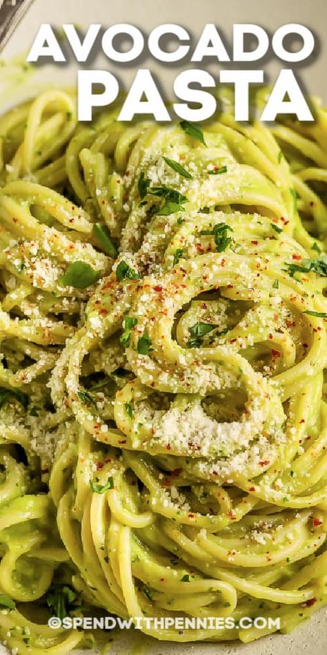 Avocado pasta sauce is like a creamy pesto without the pine nuts. It's super easy to blend up with garlic, parmesan, and heavy cream! #spendwithpennies #avocadopasta #recipe #pasta #sauce #creamy #pesto #healthy #simple #easy Pasta Sauce Creamy, Avocado Pasta Sauce, Pine Nuts Pasta, Avocado Recipes Pasta, Avocado Sauce Pasta, Creamy Avocado Pasta, Pasta Side, Quick Pasta Dishes, Bowl Meals