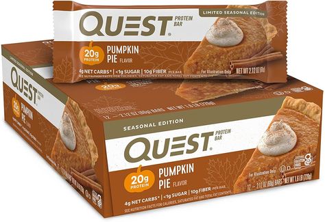 Quest Bar Pumpkin Pie Protein Bar by Quest Nutrition - LIMITED TIME ONLY! Pumpkin Pie is fall's favorite flavor and it isn't just for lattes anymore! Unwrap autumn with the very first coated Quest Bar. Sweet buttery pumpkin, with a graham cracker crumble crust, and packing 21g of protein with 4 net carbs, this perfect slice of pie is only around for a limited time! #carbsmart #atkins #keto #lowcarb Quest Protein Bars, Pumpkin Pie Protein, Quest Protein, Quest Bars, Quest Bar, Pumpkin Pie Bars, Pie Flavors, Quest Nutrition, Nutrition Bars